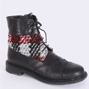 CHANEL Black and Red Tweed Combat Boots